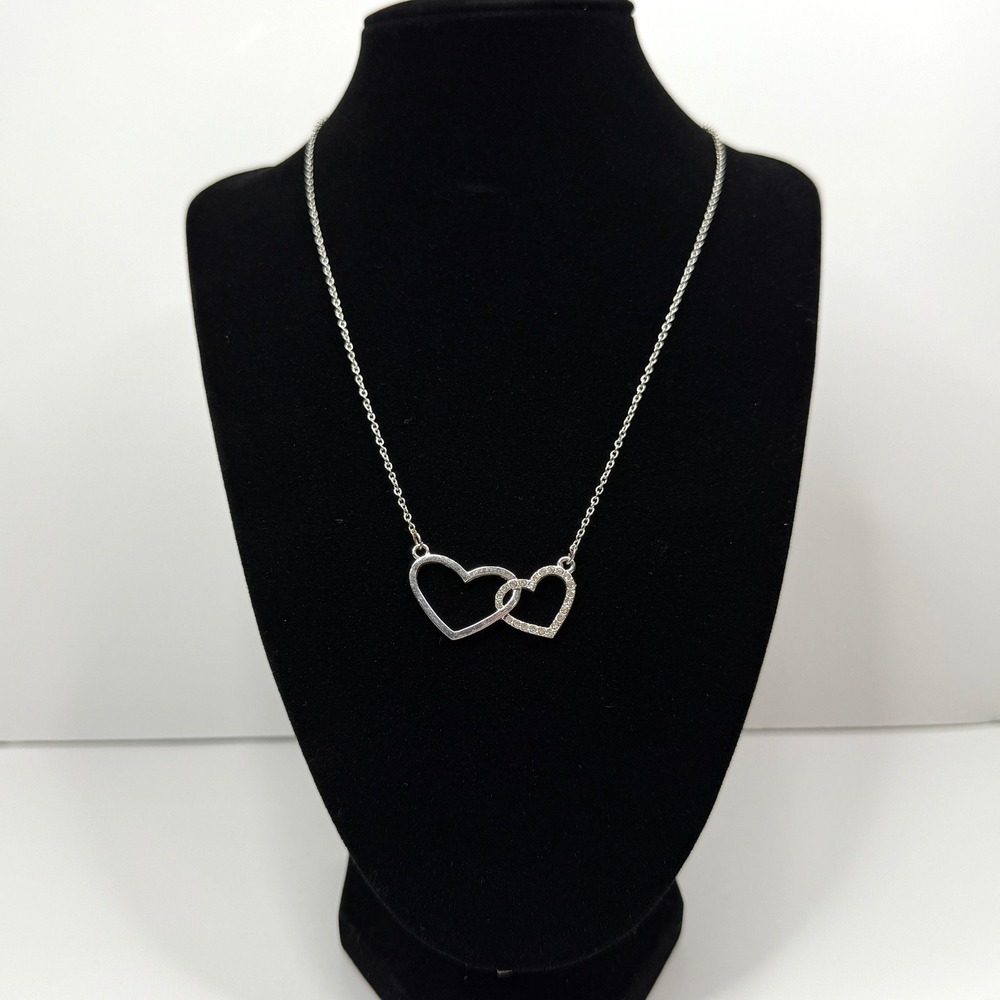 Interlocking Heart Charm Necklace Silver Tone Rhinestones Cluster Jewelry 9.5 in